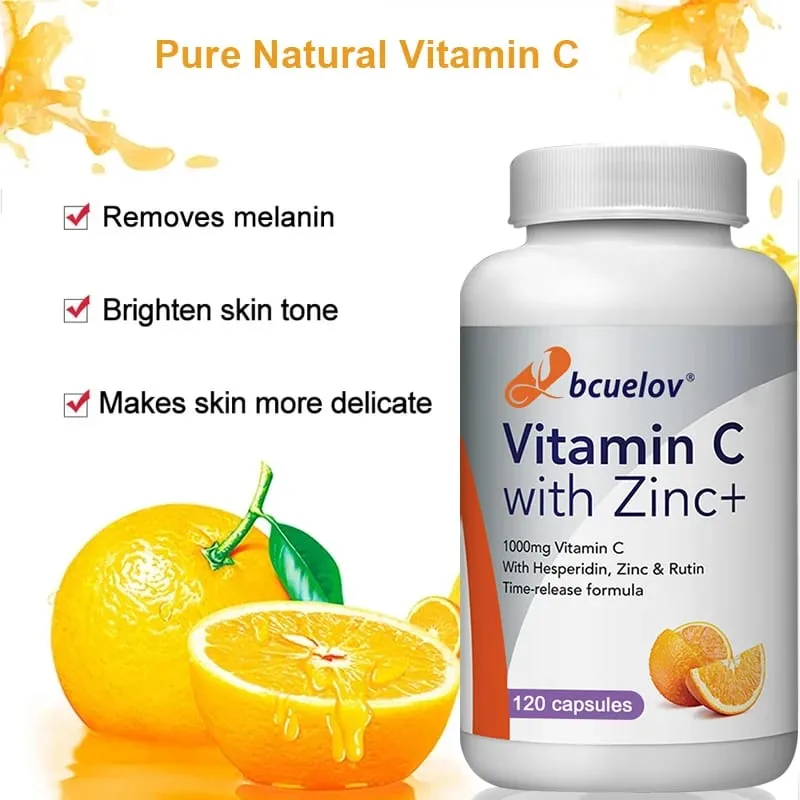 Organic Vitamin C + Zinc Capsules High Absorption Immune Support Antioxidant Collagen Health Supplement - 30/60/120 Counts