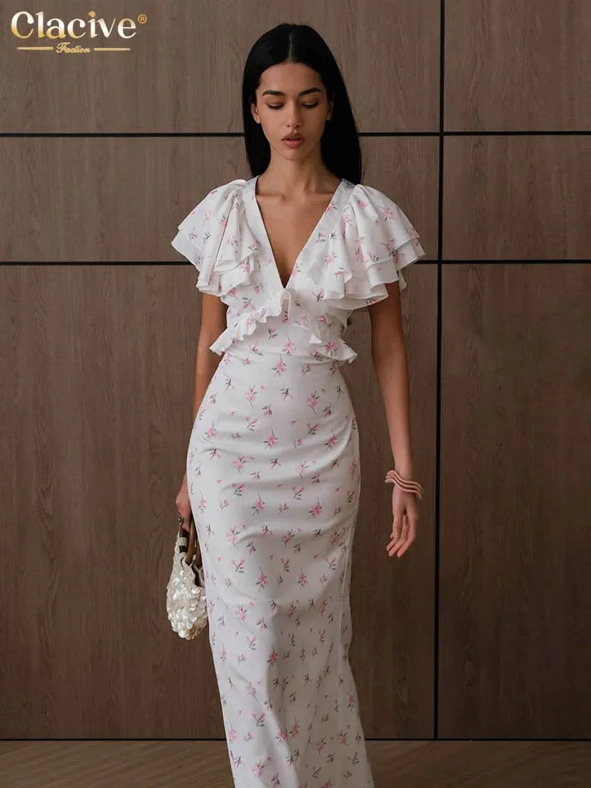 Clacive Sexy Loose Print Pambabaeng Dress 2026 Summer V-Neck Maikling Manggas Haba ng Bukong-bukong Dresses Elegant Classic Ruffles Pambabaeng Dress — image 5