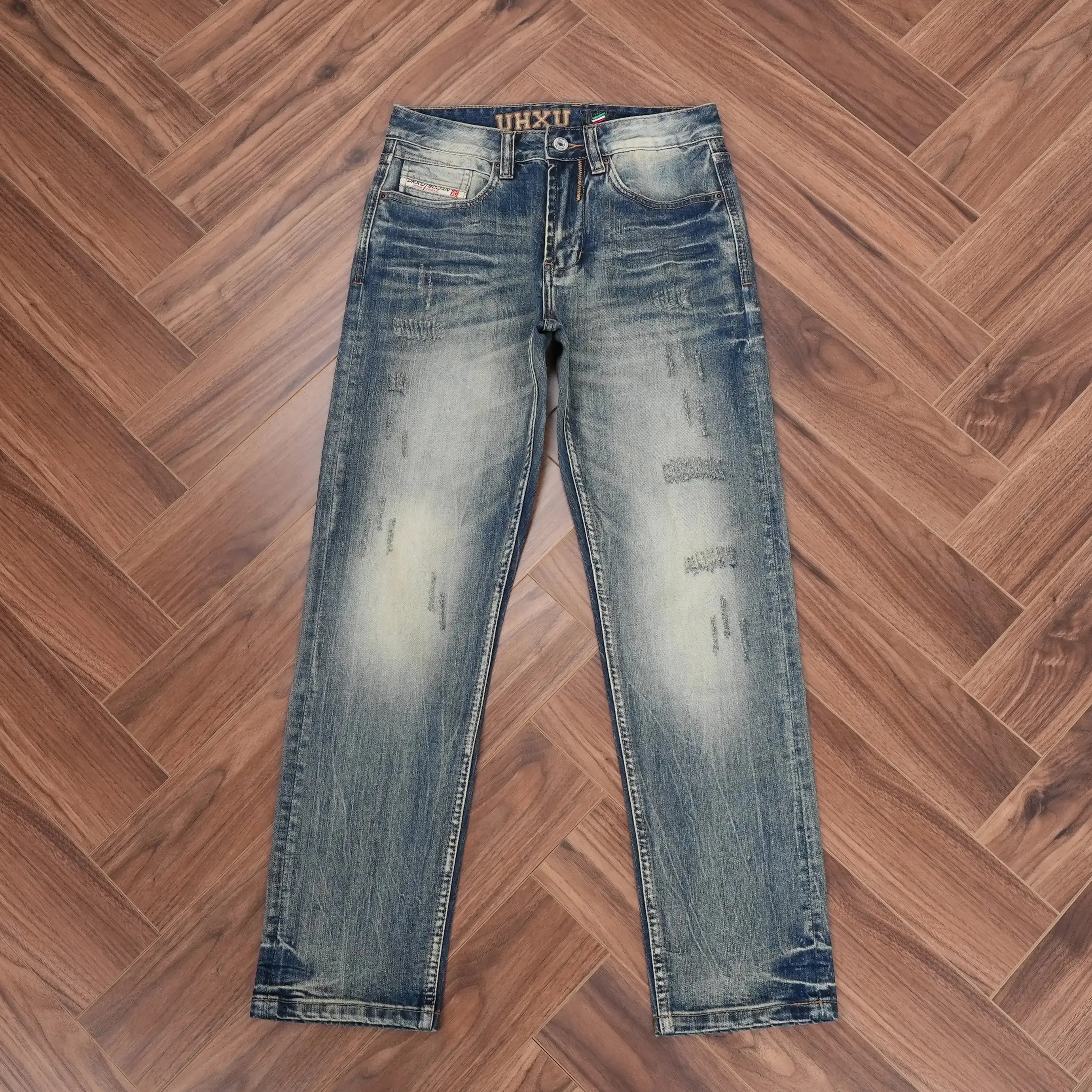 2026 Spring Autumn Men's Distressed Washed Vintage Regular Straight Denim Jeans American Retro Worn-In Look Trendy Style Pants