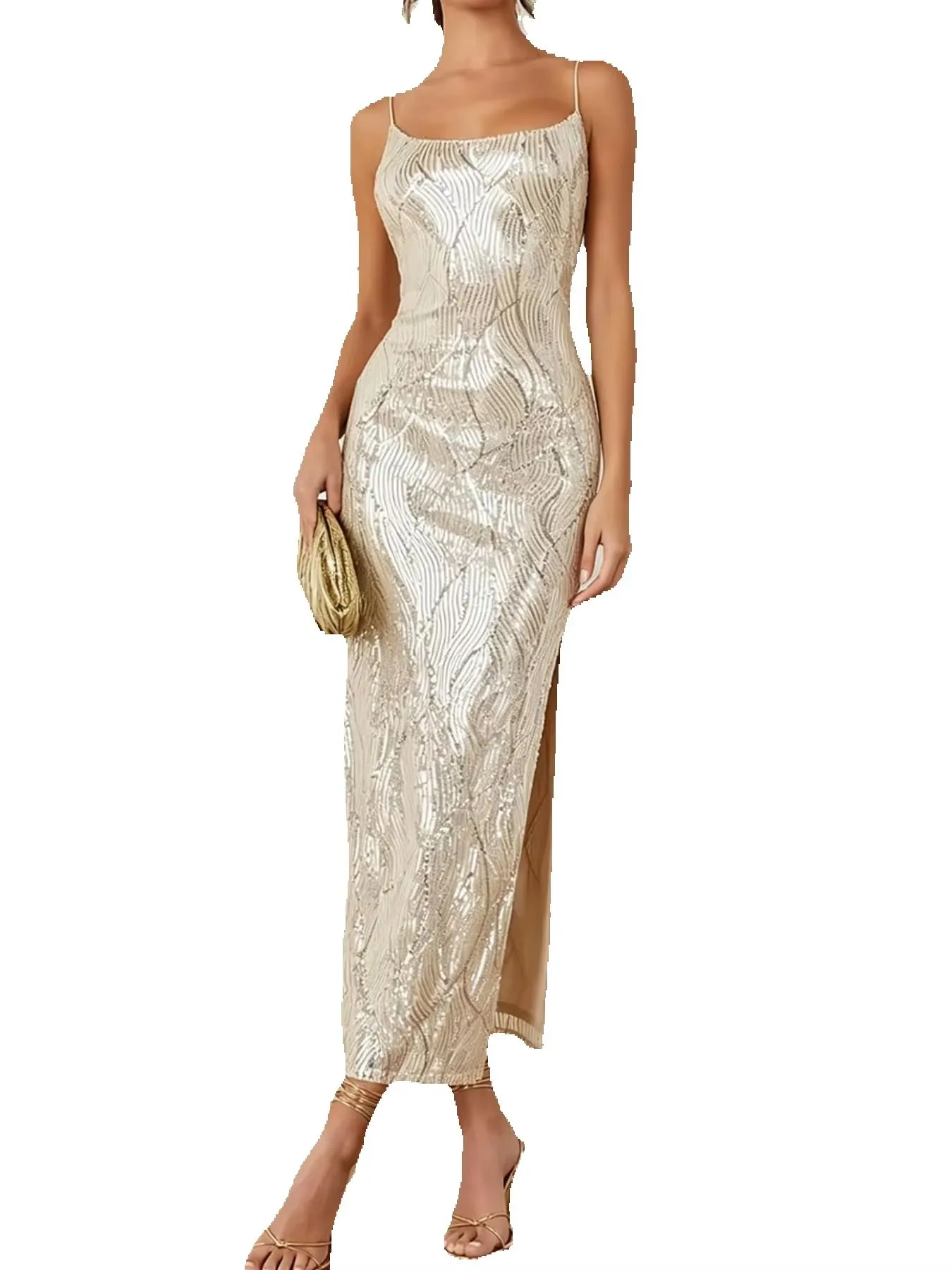Elegant Sequin Slip Maxi Dress with Slit Spaghetti Straps Lightweight Bodycon Fit for Special Occasions/Photoshoots — image 6