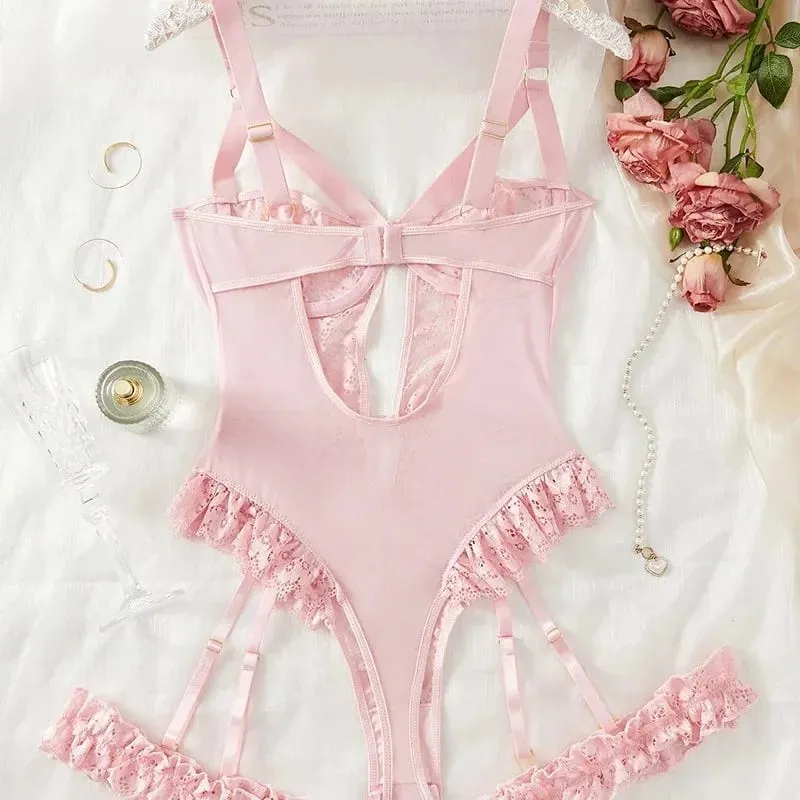 2pcs Red Floral Lace Garter Lingerie Set Women's Underwire Bra Choker Thongs Intimate Ladies Underwear Set — image 6