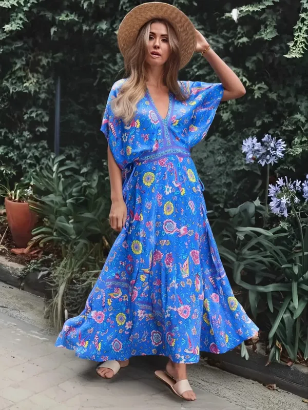 ボヘミアンクイーンズ女性孔雀花柄バットスリーブビーチボヘミアンマキシドレスレディース V ネックタッセルサマードレス Vestidos — image 7
