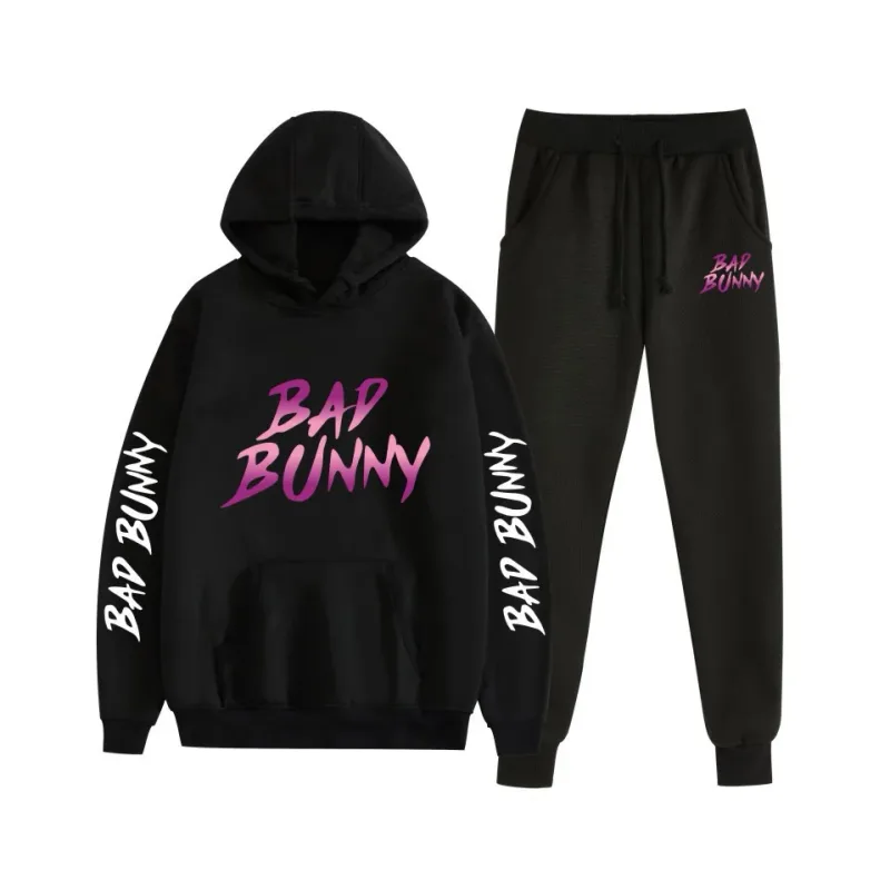 Harajuku Bekväm bad bunny Tryck Sweatshirt Träningsbyxor Kostym Dam Luvtröjor+ Byxor Kostym Pojkar/Flickor 2-delat set Kläder — image 41