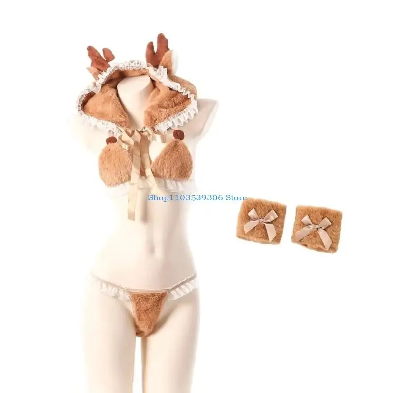 400A 4Pcs Anime Lingerie Set Deer Cosplay Lingerie Costume Cap Wrist Cuffs Bra Top