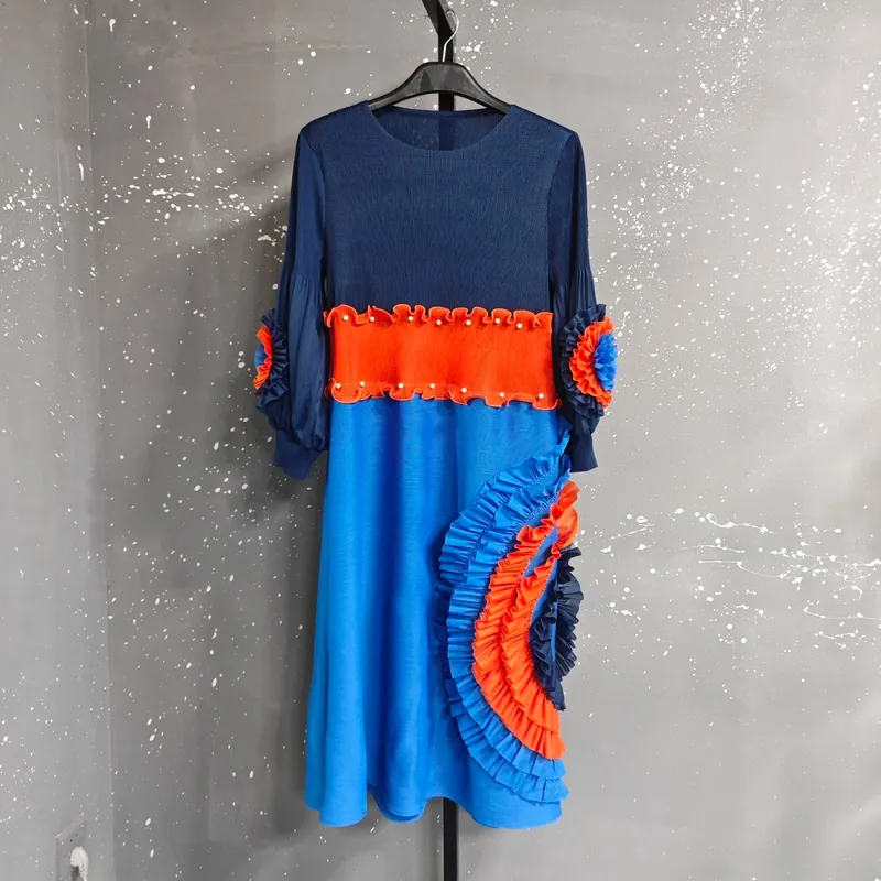 Rakott nyakkendő virág hosszú ujjú női ruha elegáns új bő színes blokk patchwork design gyöngyfűzés női ruházat 2DB6651 — image 5