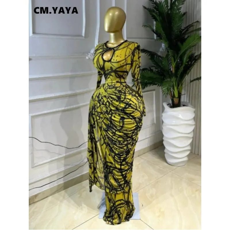 CM.YAYA band med randigt tryck för kvinnor Rynkad långärmad Bodycon Maxi långklänning 2026 Sexig födelsedagsfest Utbildning Trendiga klänningar