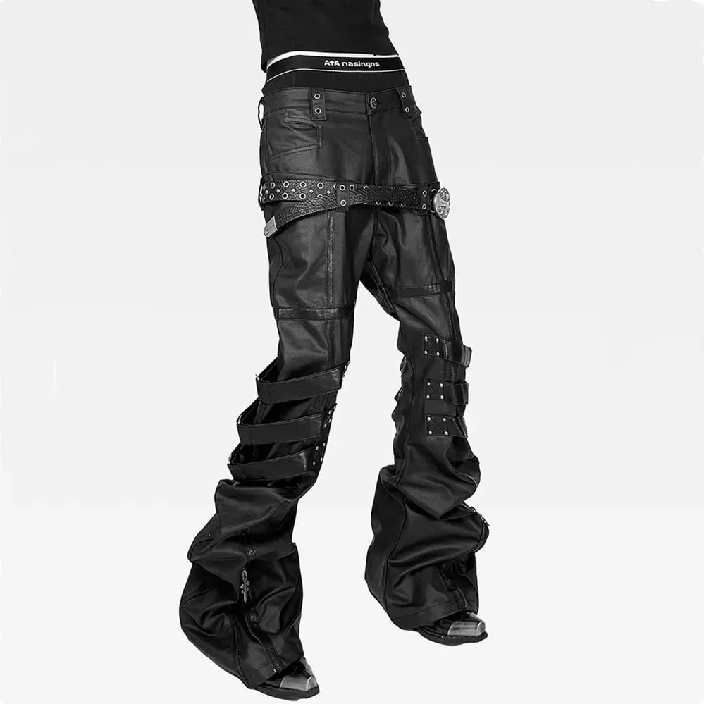 Men Women Wax Coated Skinny Stacked Jeans Double Waist Strap Buckle Patchwork Leather Gothic Punk Flared Curved Denim Pants — image 6