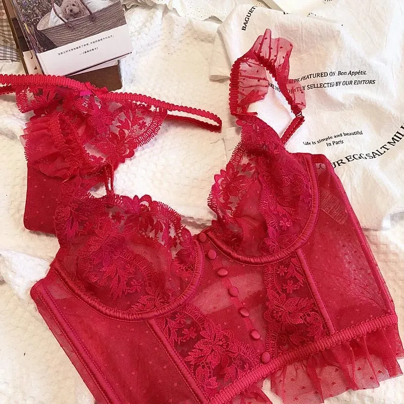 Hot Sale French Sexy Lingerie Set for Women Ultra Thin See Through Bra Panty Set Embroidery Lace Shaping Camisole Underwear Set — image 11