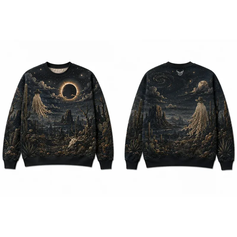 Vintage Dark Western Ghost Print Sweatshirt Desert Cactus Graphic Pullover Long Sleeve Tops Halloween Fashion Casual Streetwear