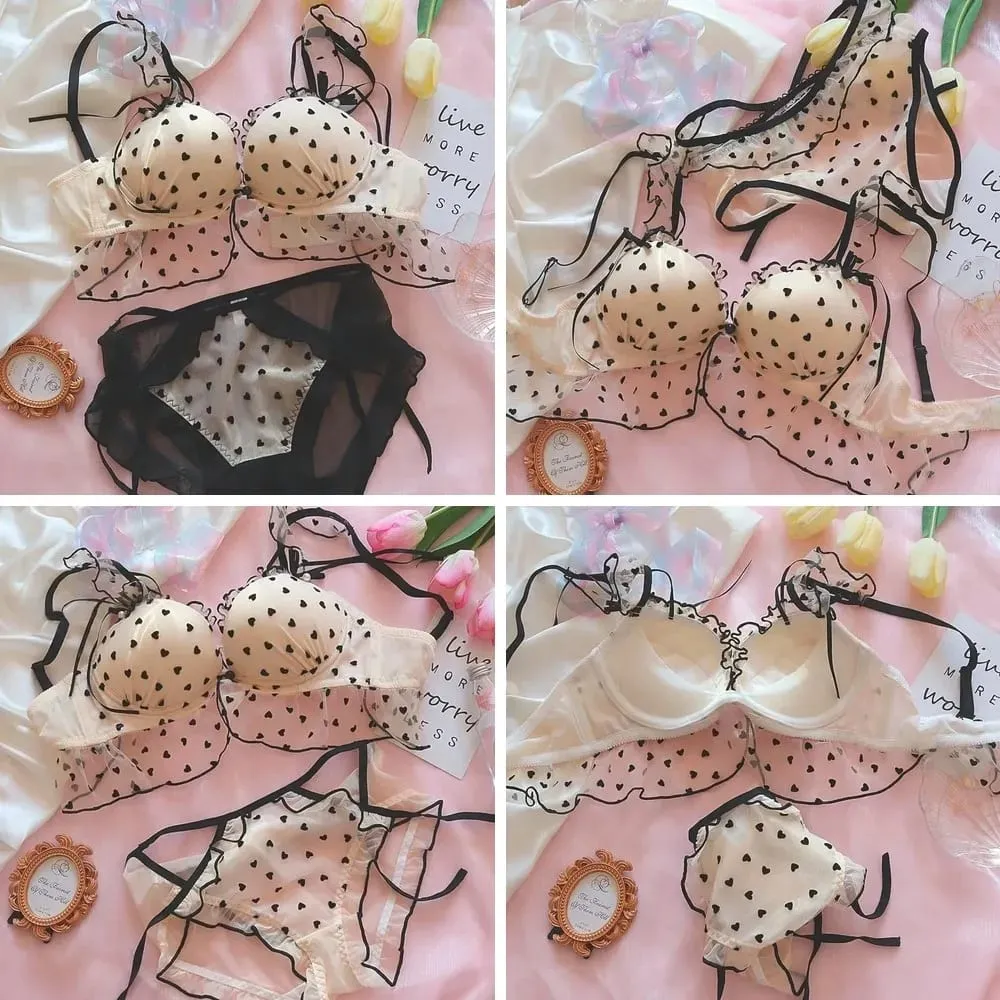 Cute Heart Lingerie Set for Girls Bralette & Panty Set Wire-Free Soft Bra Small Breasts Comfort — image 1
