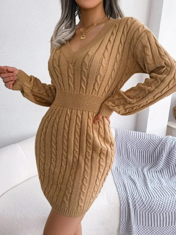 VigoCasey 2026 V Neck Casual Short Knit Dress Autumn Winter Women Solid Long Sleeve Dress Lady Khaki Bodycon Knitted Dresses — image 14