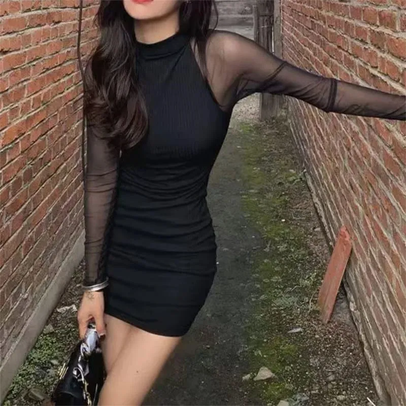Malha retalhos meia alta pescoço vestidos femininos preto moda ver através de manga longa magro clubwear feminino mini vestido bodycon — image 4