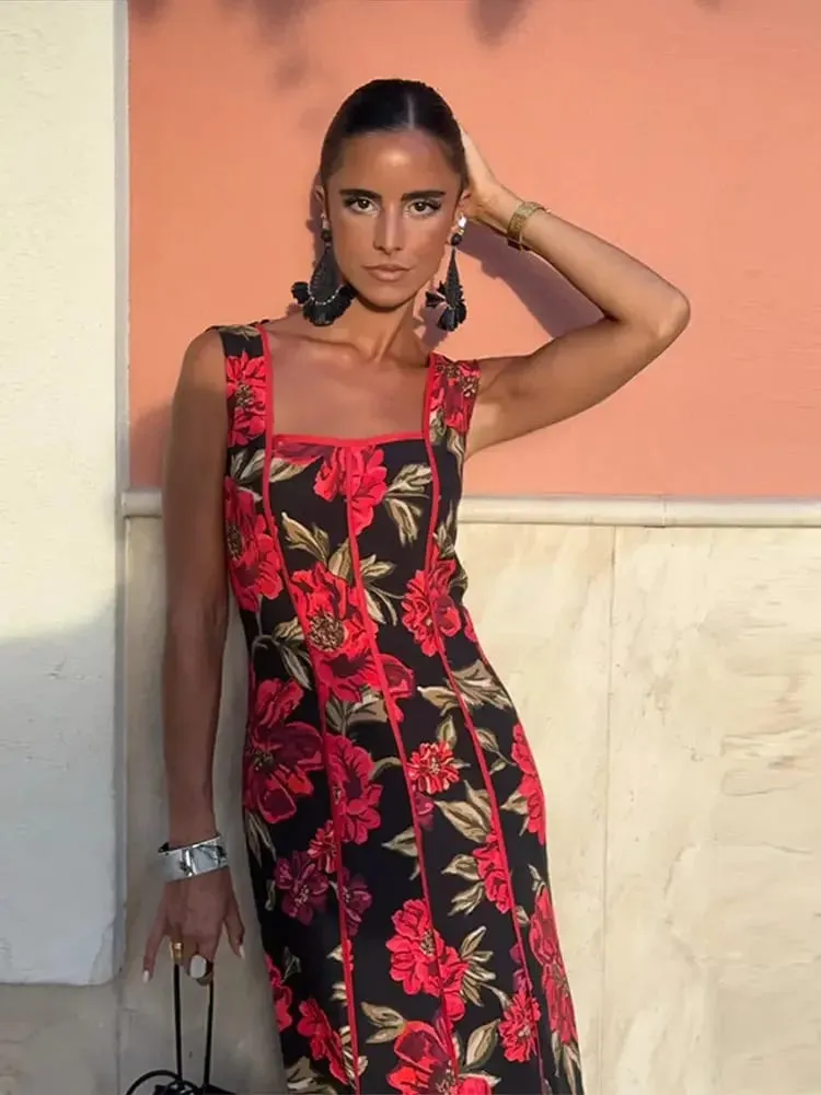 Sexy Printed Flower Long Women's Dress Sleeveless Waist-Closed Slash Neck Lady Dresses Summer Sling Vacation Holiday Robe — image 6