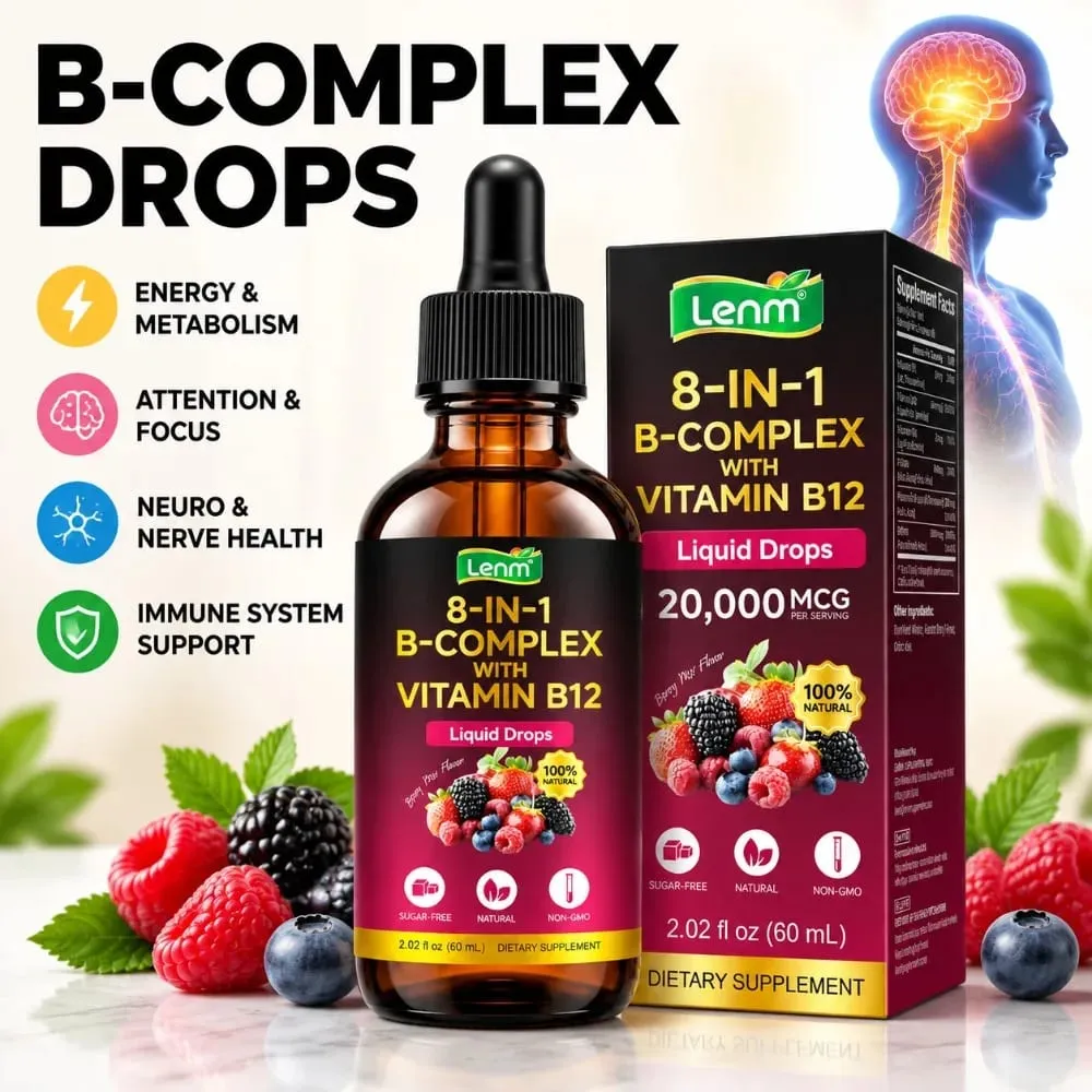 8-in-1 Vitamin B Complex Drops Maximum Absorption with Folate Vitamin B12 Supports Energy Focus Metabolism & Nervous Health 60ML — image 1