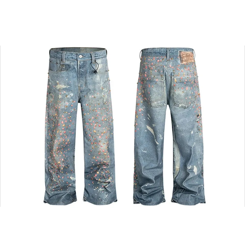 3D Printed Full Diamond Jeans for Men Straight Washed Distressed Shinning Diamon Denim Trousers Hip Hop Loose Baggy Jean Pants — image 3