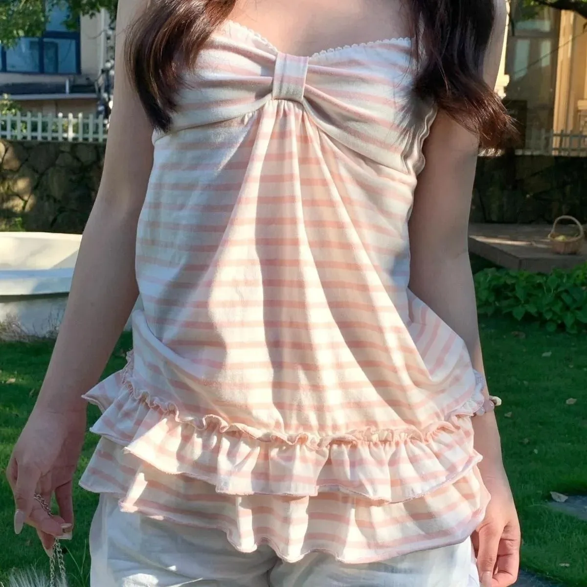 Women Sweet Striped Camisole Top Bow Front Ruffle Hem Sleeveless Cami Summer Loose A‑Line Tank Tops — image 2