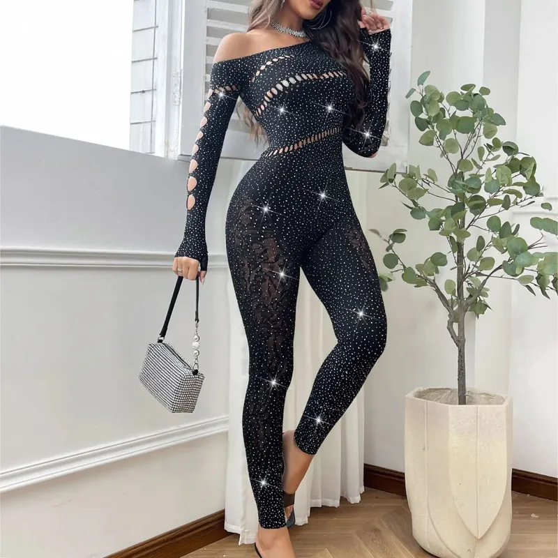 Women Sexy Mesh Rhinestone Jumpsuit Long Sleeve See Through High Stretch Body Stockings Jumpsuit Club Plus Size Stock Lingerie