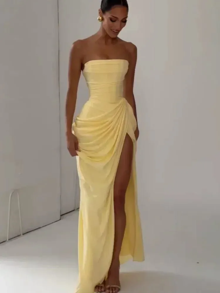 Solid Pleated Strapless Women's Dress Backless Off-shoulder High Waist Split Female Dresses 2026 Sexy Summer Evening Party Gown — image 1