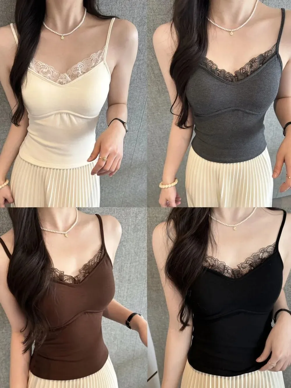 Autumn/Winter Fitted Lace-trimmed Camisole V-Neck Comfortable Slim Fit Camisole Top Soft with Padded Bra Women's Top — image 8