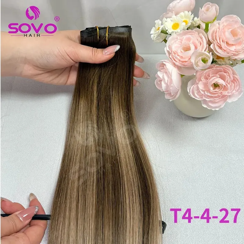 110G Tape PU Clip In Hair Premium Remy Clip In Human Hair Extensions 7pcs Clip-on Hair 14"-24" Balayage Ombre Mocha Brown Black — image 9