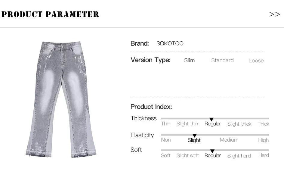 Men Painted Flared Denim Jeans Spliced Slim Boot Cut Pants Vintage Grey Cotton Released Hem Trousers — image 7