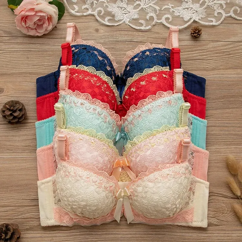 Women 2Pcs Intimates Set Sweet Peach Contrast Lace Floral Bow Underwire Bra Soft Cotton Mid Waist Panties Daily Comfort Lingerie