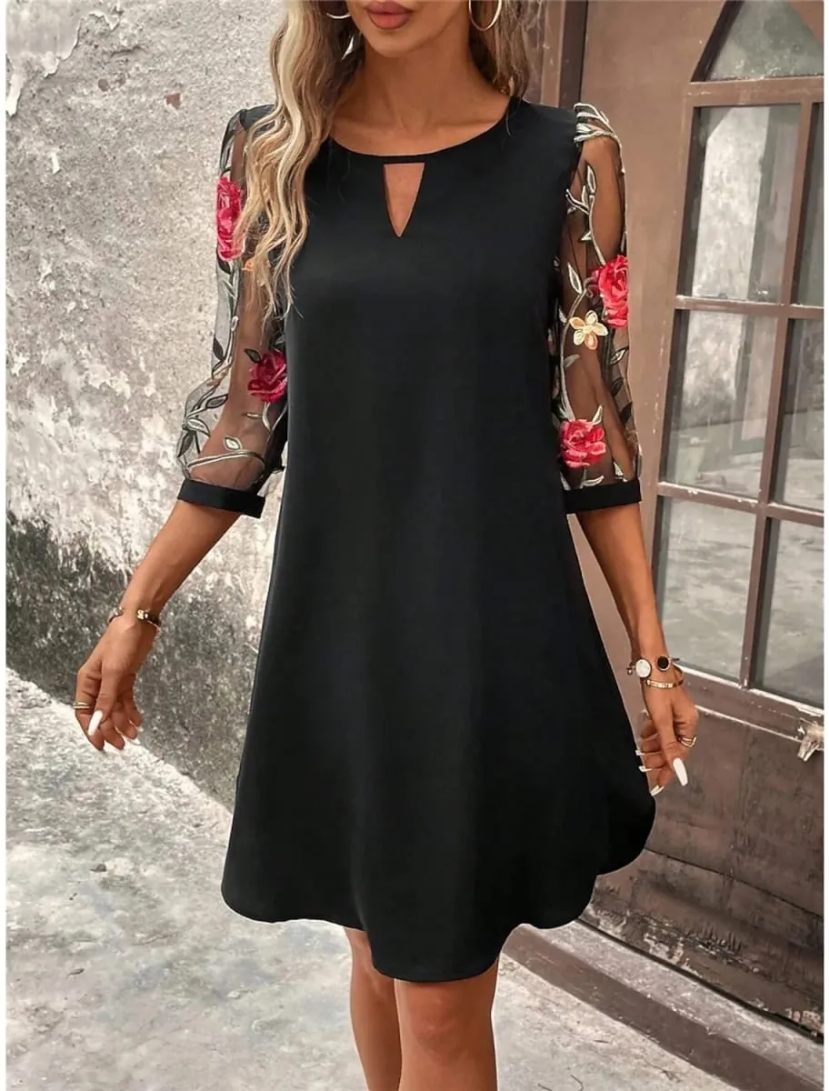 2026 Women's Summer Dresses Trendy Lace Splice Embroidery Mesh Mini Dress Three Quarter Sleeve Round Neck Casual Dress for Women — image 3