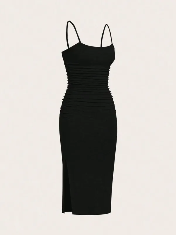 Women Spaghetti Strap Midi Dress Ruched Side Bodycon Slit Cami Pencil Midi Dress