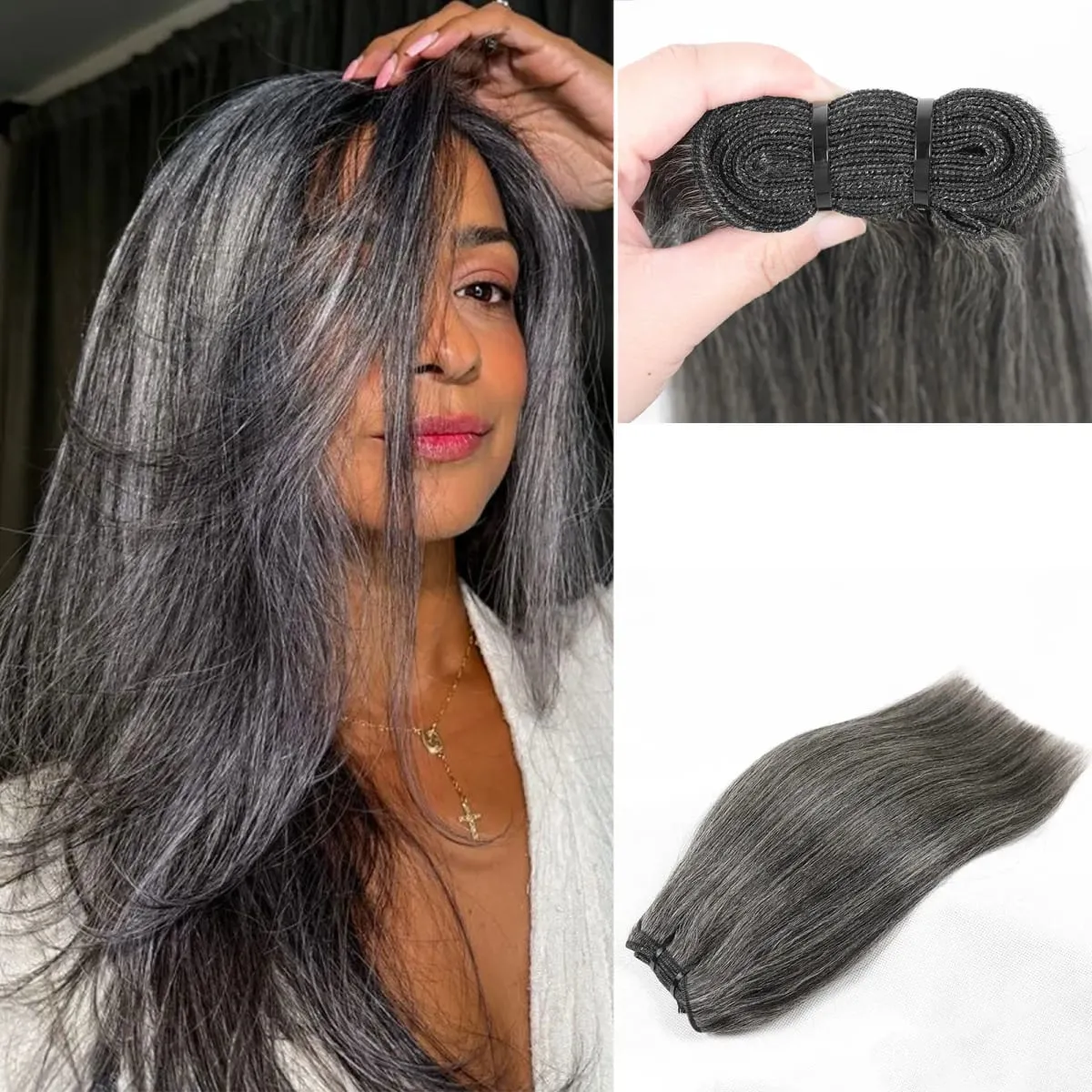 Yaki Straight Salt And Pepper Human Hair Bundles 12Inch Double Drawn Virgin Brazilian Hair Extensions For Women 100g/Pack