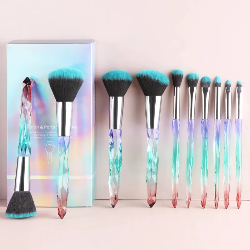 10Pcs Shiny Crystal Handle Makeup Brush Set with Case Round Loose Powder Brush & Flat Foundation Brush for Eye Makeup — image 4