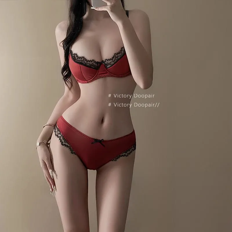 Elegant Red Satin Lingerie Set Zodiac Inspired Bra Small Chest Push Up Gathers Anti Sagging Sensual Lace Bralette Women Tushy — image 10