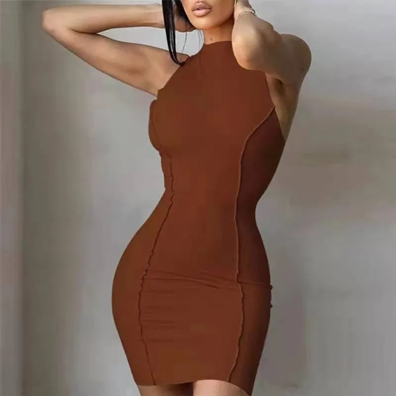 Mulheres verão sexy magro envoltório hip vestido sólido retalhos o pescoço sem mangas mini vestidos ins moda alta rua bainha vestidos — image 4