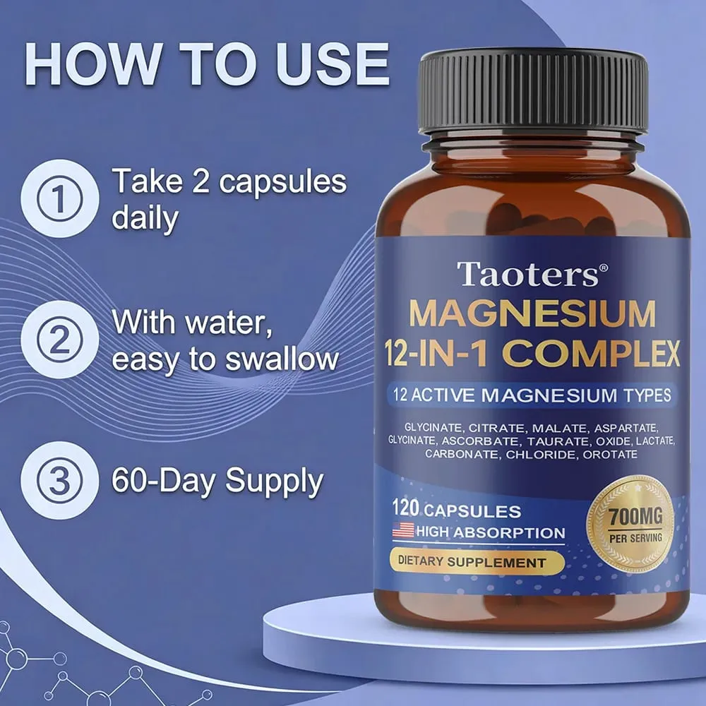마그네슘 12-in-1 복합 보충제 – 근육 신경 수면을 위한 700mg 고흡수성 글리시네이트 구연산염 말산염 및 타우산염 혼합물 — image 6