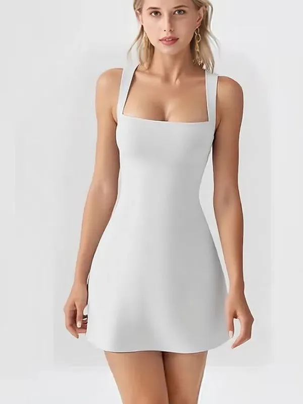 Simple Solid Color Slip Dress Summer Elegant Square Neck Sleeveless Short Dressest Fashion Versatile Casual Slim Fit Dress — image 8