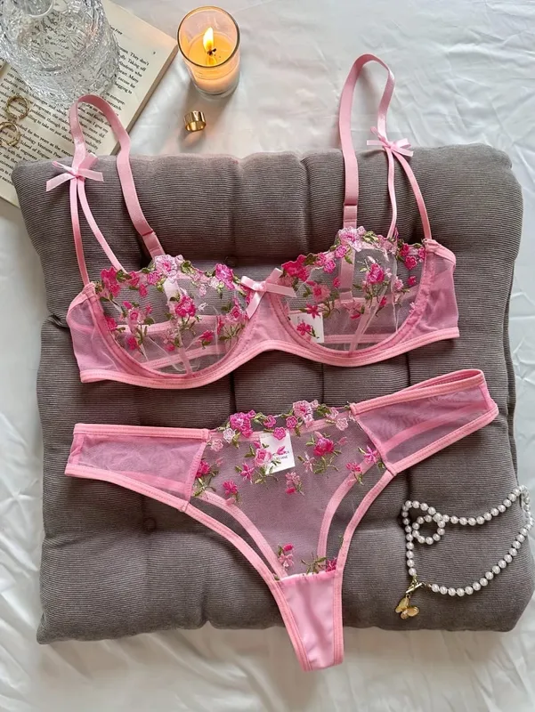 Lingerie feminina noite linda sexy feminina 2 peças floral bordado roupa interior lingerie erótica conjunto conjuntos de mujer — image 7