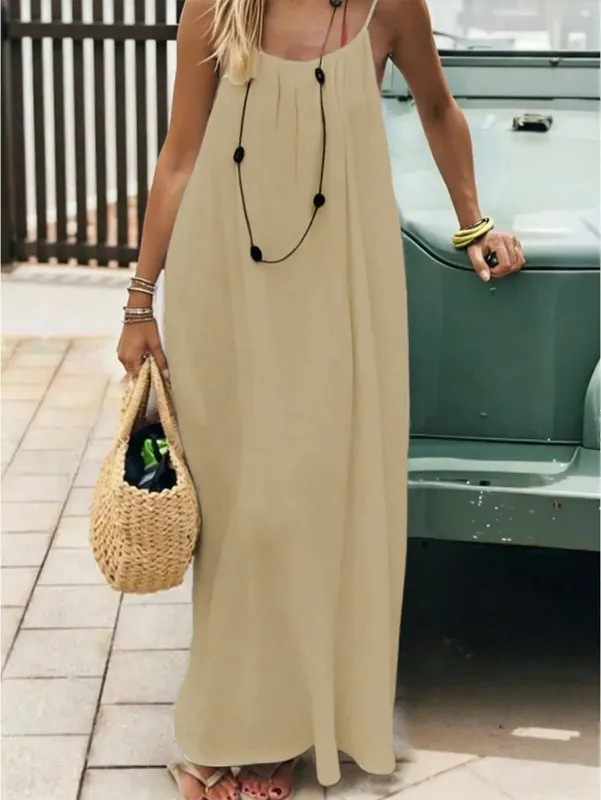 Malaking Sukat na Purong Kulay ng Pambabaeng Backless Lace-Up Mahabang Loose Casual Comfortable Camisole Dress — image 6