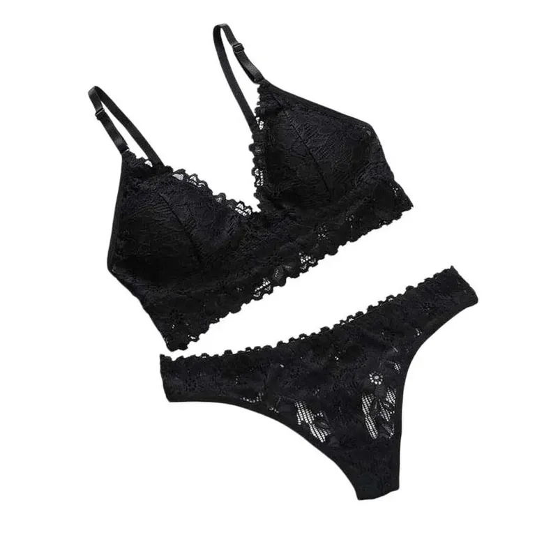 V Neck Lace Flower Bra Set Thong Solid Color Floral Panties Bra Kit Low Waist Lingerie Lace Underwear Valentine's Day Gift