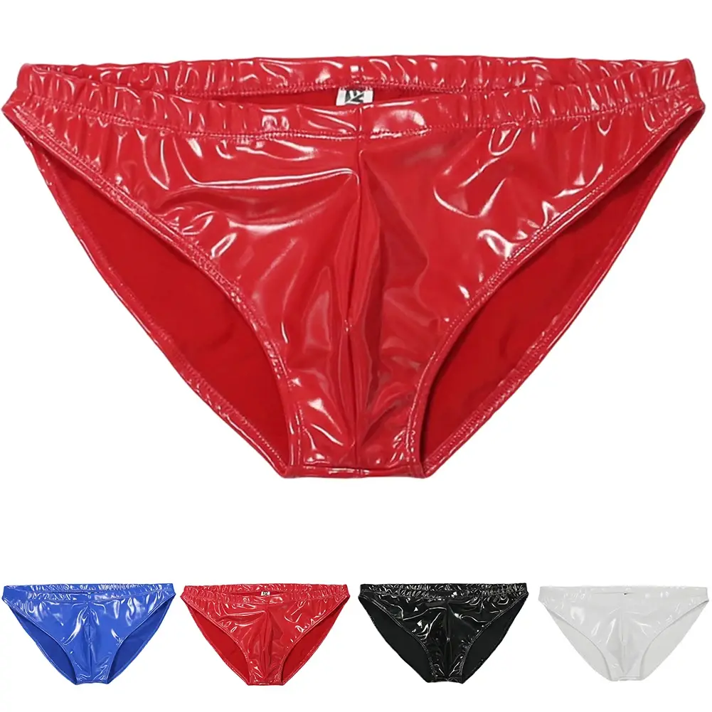 Men Sex Faux Latex Brief Glossy Patent Leather Package Hip Gay Underwear Lingeri Smooth Thongs Candy Color Thong T-Back — image 6