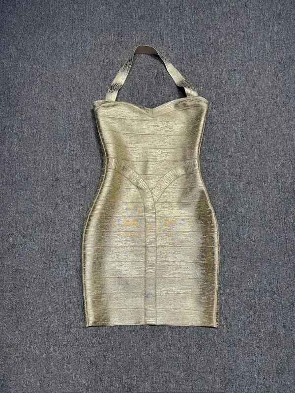 Real Photos Women Gold Bronzing Bandage Dress Bodycon Mini High Street Evening Club Party Homecoming Dress Wholesale Dropship — image 2