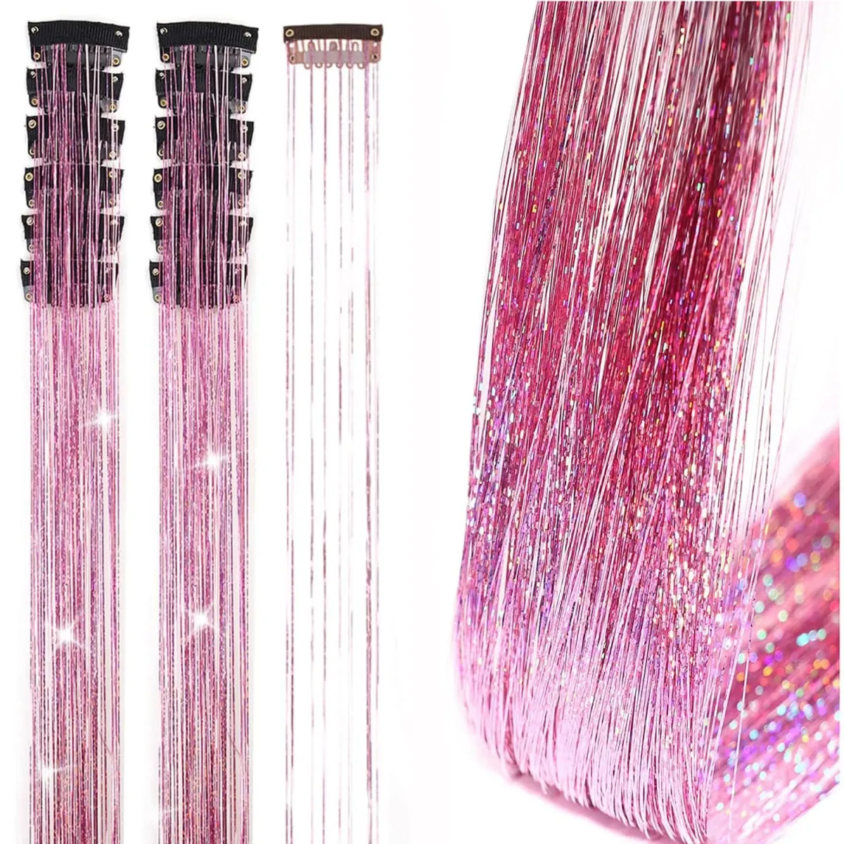 6Pcs Synthetic Hair Tinsel Clip in 19.6Inch Glitter Tinsel Hair Clip in Hair Tinsel Kit Heat Resistant Shiny Sparkle Fairy Hair — image 4