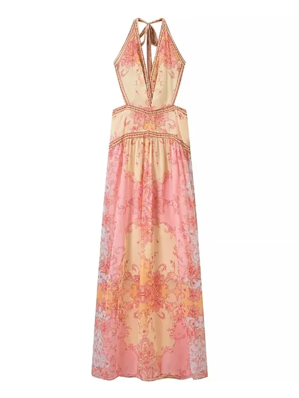 Floral Print Halter Dress Women Chic V-neck Sleeveless Backless Waist-cinching Maxi Dresses 2026 New Summer Lady Vacation Robes