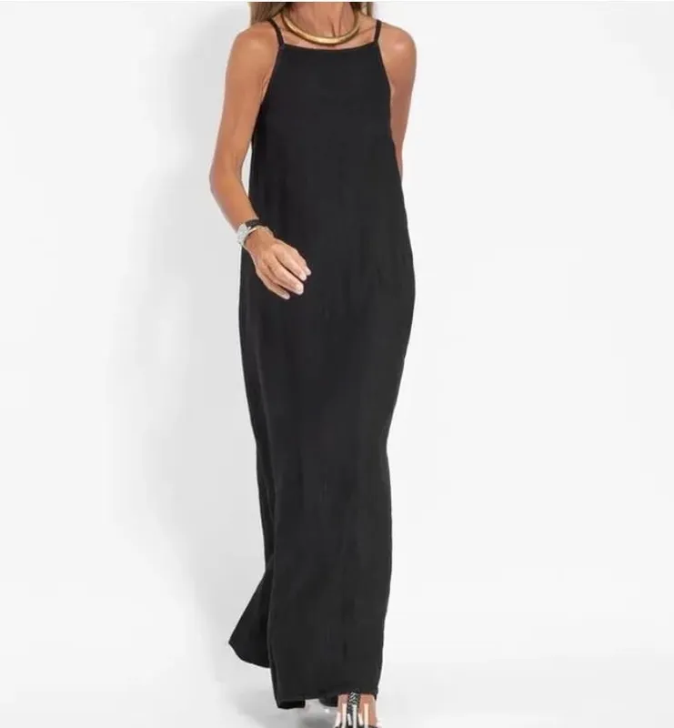 Vestido longo feminino de algodão e linho com divisão lateral, verão, sem alças, cor sólida, vestidos de festa de fim de ano — image 3