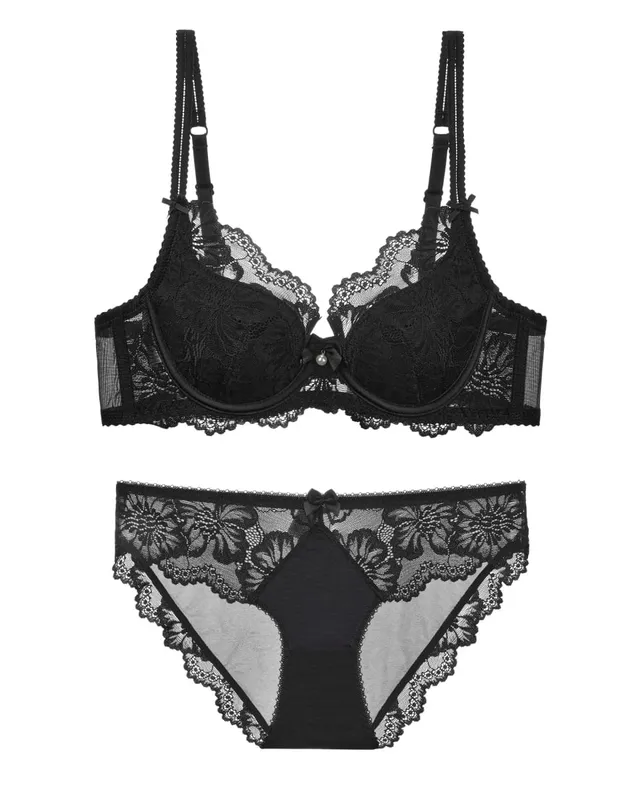 Women Lace Bra Panty Set Summer Thin Push Up Side Support Anti Sag Sexy Pure Desire Lingerie Underwear Suit 32‑38