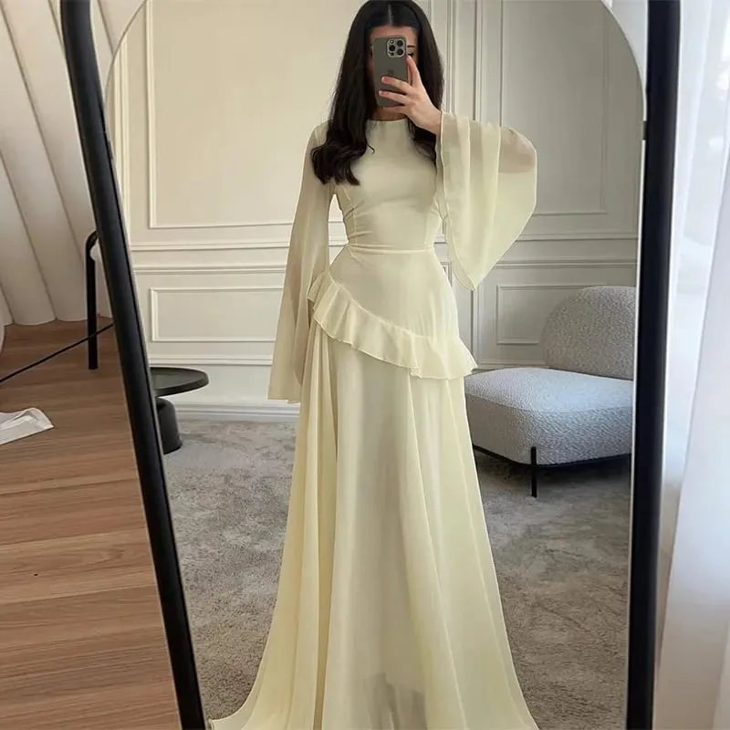 Mulheres chiffon sólido babados vestido alargamento manga em torno do pescoço 2025 novo elegante maxi vestido de festa à noite moda férias senhora — image 11