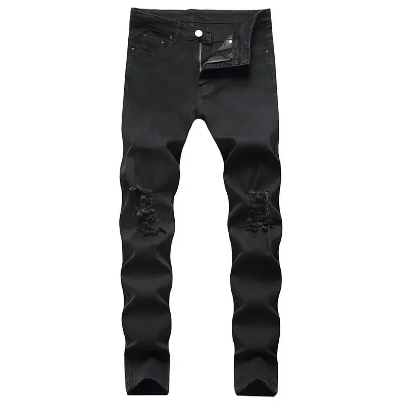Skinny Stretch Ripped Jeans Men's Distressed Kpop Slim Fit Denim Pants American Street Style Rock Hip Hop White Black Trousers