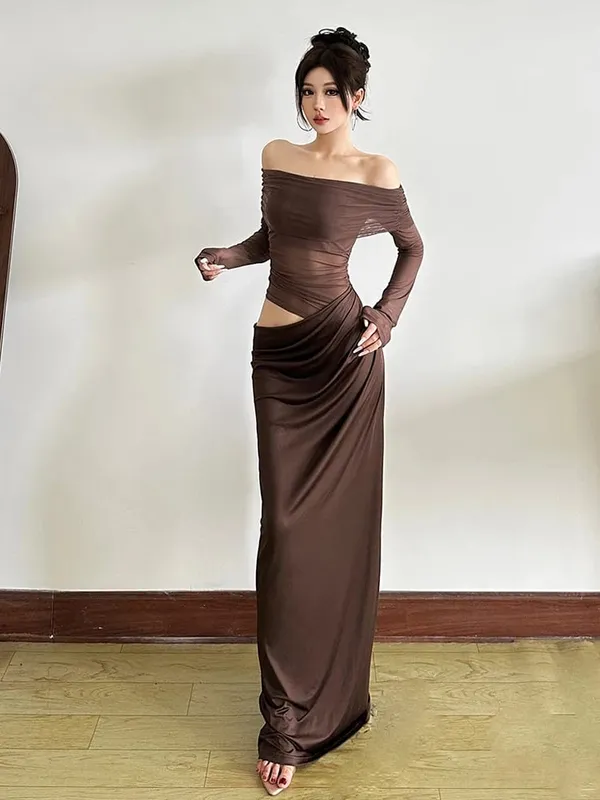 Nibber Sexy Dress Women 2025 Spring Patchwork Mesh Elegant Slash Neck Ruched Fit Chic Birthday Party Festival Bakasyon Vestidos — image 7