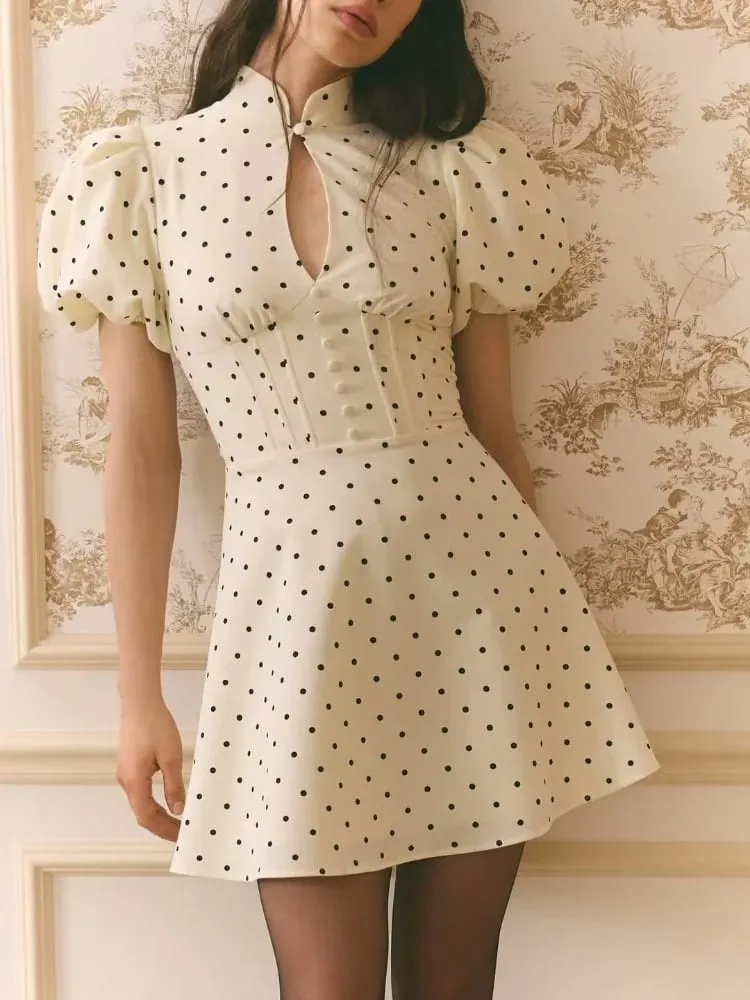 Women Retro Polka Dot Mini A-line Dress Elegant Stand Collar Puff Short Sleeve Waist-cinching Dresses Lady Party Robe 2026 New — image 3