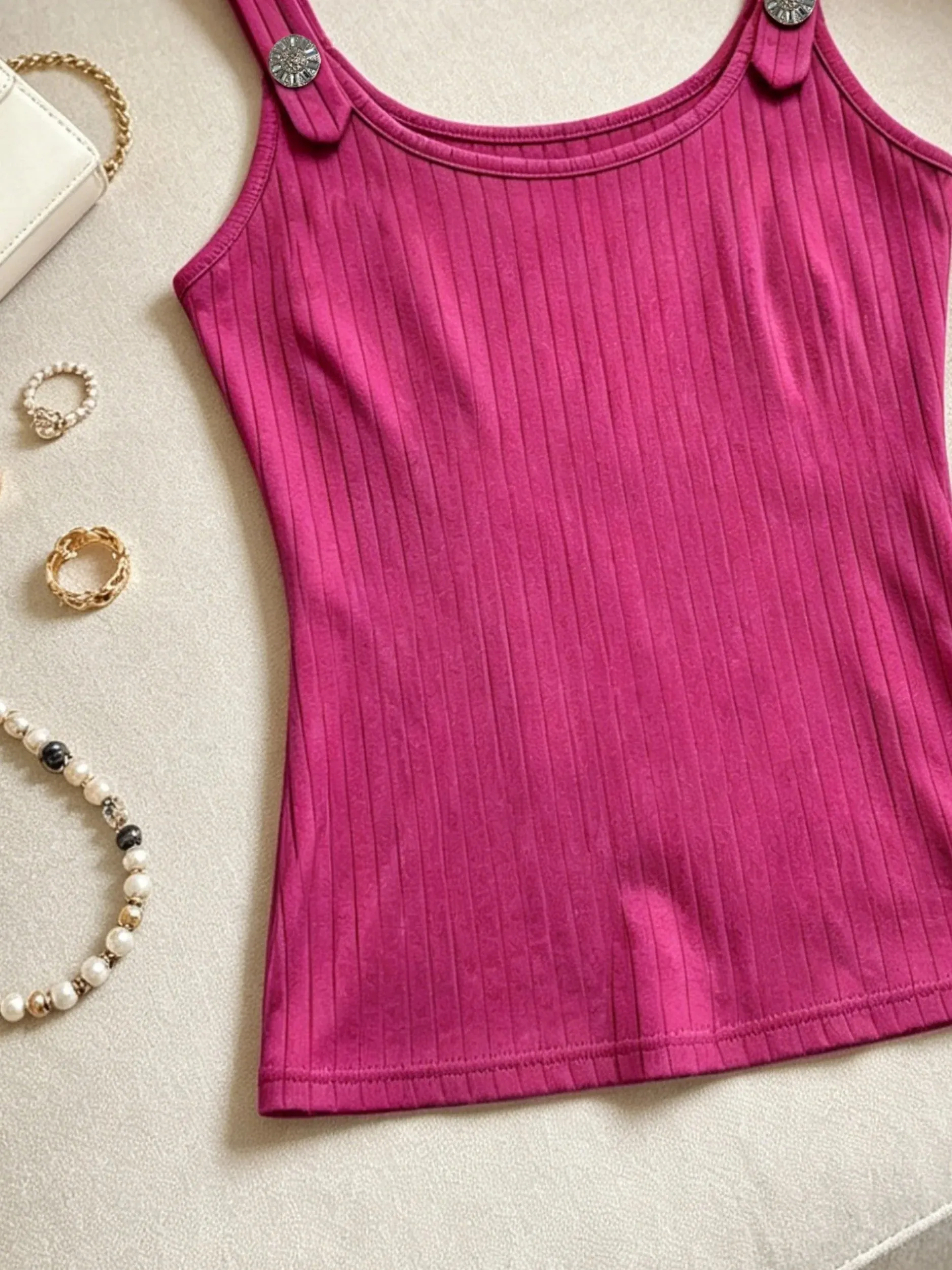 Women Pink Ribbed Tank Top Casual Metal Button Detail U Neck Form Fitting Sleeveless Cami Top — image 2