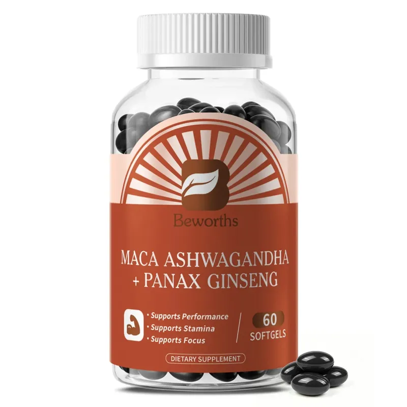 Capsule naturali di radice di maca con estratto di Ashwagandha Vegetariano per la salute degli uomini Gel morbidi Integratore energetico senza glutine
