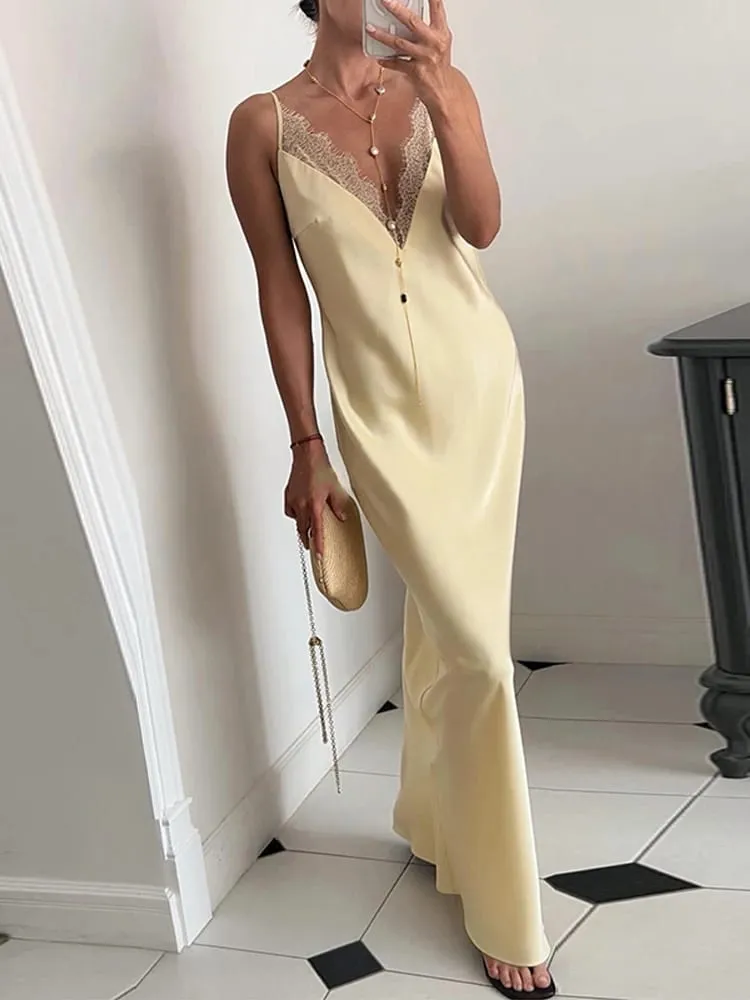 Elegante laço de cetim verão vestido feminino amarelo v pescoço sem mangas cintura cinching cinta vestidos casuais nova festa noite robe 2026 — image 2